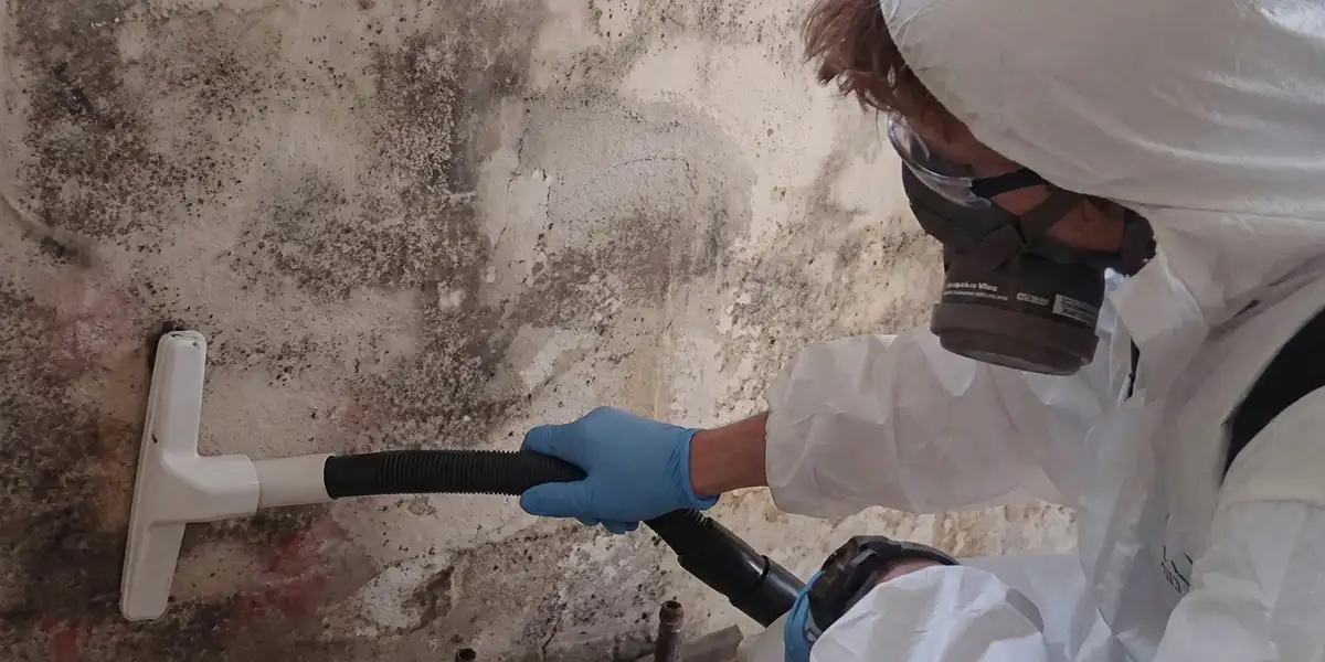 professional mold removal technician wearing protective equipment removing mold from a wall in Sacramento, CA