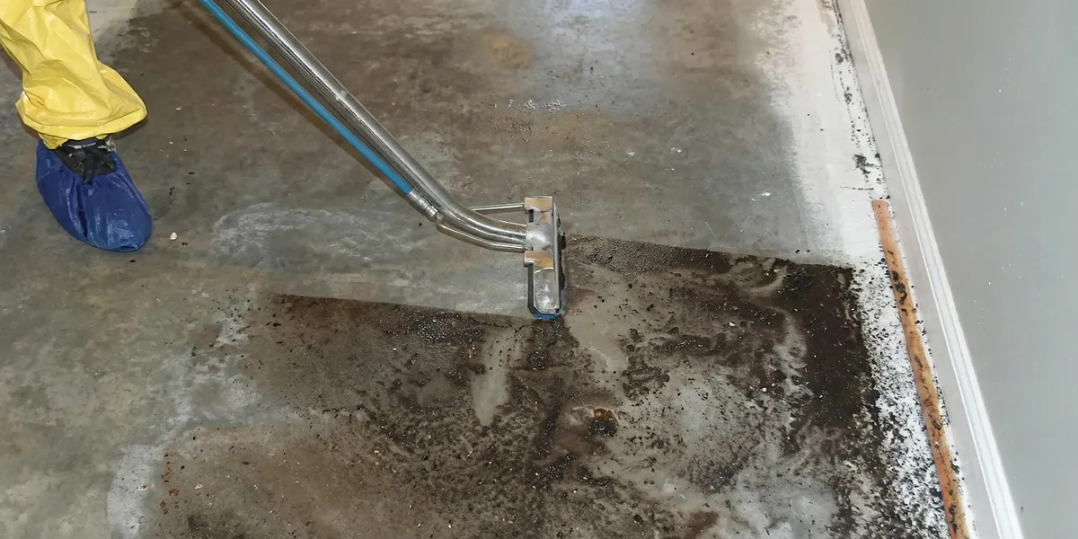 sewage removal technicians extracting contaminated wastewater from a residential floor in Sacramento, CA